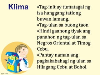 •Tag-init ay tumatagal ng
isa hanggang tatlong
buwan lamang.
•Tag-ulan sa buong taon
•Hindi gaanong tiyak ang
panahon ng tag-ulan sa
Negros Oriental at Timog
Cebu.
•Pantay naman ang
pagkakabahagi ng ulan sa
Hilagang Cebu at Bohol.
 