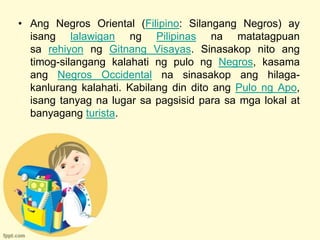 • Ang Negros Oriental (Filipino: Silangang Negros) ay
  isang lalawigan ng Pilipinas na matatagpuan
  sa rehiyon ng Gitnang Visayas. Sinasakop nito ang
  timog-silangang kalahati ng pulo ng Negros, kasama
  ang Negros Occidental na sinasakop ang hilaga-
  kanlurang kalahati. Kabilang din dito ang Pulo ng Apo,
  isang tanyag na lugar sa pagsisid para sa mga lokal at
  banyagang turista.
 