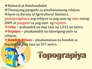 Maburol at Bulubundukin
Tinatayang pangatlo sa pinakamataong rehiyon
Ayon sa Bureau of Agricultural Statistics,
pumapangalawa ang rehiyon sa pag-aani ng tubo noong
2009 at pangatlo sa pag-aani ng repolyo.
Cebu – mabundok na may taas na 1,013 na metro
Siquijor – pinakamaliit na lalawigang-pulo sa
rehiyon.
Bundok Bilaan – pinakamataas na bundok sa
Siquijor na may taas na 557 metro.
 