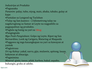 Industriya at Produkto
•Pagsasaka
Pananim: palay, tubo, niyog, mais, abaka, tabako, gulay at
kape
•Pantalan sa Lungsod ng Tacloban
•Tulay ng San Juanico – 2 kilometrong tulay na
nagdurugtong sa Samar at Leyte na nagpabilis sa
pagpapalitan ng produkto.
•Paglala ng banig na yari sa tikug
•Pangingisda
Mga Pook-Pangisdaan: Golpo ng Leyte, Kipot ng San
Bernardino, Look ng Carigara, Mataring at Maqueda
•Paggawa ng mga kasangkapan na yari sa kawayan at
yantok
•Pagtotroso
Uri ng Kahoy: yakal, narra, gijo, mulawin, apitong, lauan,
bakawan at almaciga.
•Pagmimina
Mineral: ginto, tanso, pilak, karbon, bakal, aspalto,
buhangin, graba at adobe.
 