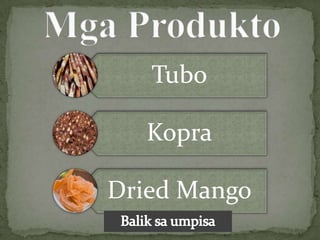 Tubo

   Kopra

Dried Mango
 