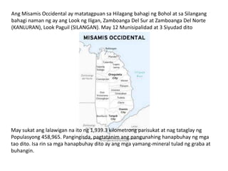 Ang Misamis Occidental ay matatagpuan sa Hilagang bahagi ng Bohol at sa Silangang
bahagi naman ng ay ang Look ng Iligan, Zamboanga Del Sur at Zamboanga Del Norte
(KANLURAN), Look Paguil (SILANGAN). May 12 Munisipalidad at 3 Siyudad dito

May sukat ang lalawigan na ito ng 1,939.3 kilometrong parisukat at nag tataglay ng
Populasyong 458,965. Pangingisda, pagtatanim ang pangunahing hanapbuhay ng mga
tao dito. Isa rin sa mga hanapbuhay dito ay ang mga yamang-mineral tulad ng graba at
buhangin.

 