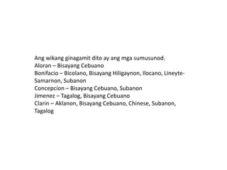 Ang wikang ginagamit dito ay ang mga sumusunod.
Aloran – Bisayang Cebuano
Bonifacio – Bicolano, Bisayang Hiligaynon, Ilocano, LineyteSamarnon, Subanon
Concepcion – Bisayang Cebuano, Subanon
Jimenez – Tagalog, Bisayang Cebuano
Clarin – Aklanon, Bisayang Cebuano, Chinese, Subanon,
Tagalog

 