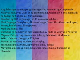 Ang lalawigan ay napapaligiran sa gawing kanluran ng Compostela 
Valley at ng Davao Gulf at ng probinsya ng Agusan del Sur at ng maliit 
na bahagi ng Surigao del Sur sa Hilaga. 
Binubuo ng 183 na barangay at 11 na munisipalidad – 
Mati,Baganga,Banaybanay,Boston,Caraga,Cateel,Gov.Generoso,Lupon, 
Manay,San Isidro at Tarragagona. 
Mati ang kapital nito 
Bumubuo sa populasyon nito karamihan ay mula sa Visayas o “Visayan 
Migrants” at iba ring naninirahan tulad ng Mandayas at Manobo. 
Wika : Cebuano,Ilonggo at Filipino. 
Marami sa kanilang produkton ay saging 
abaca,mais,palay,prutas,kape,tabako,gulay at isda. 
Mayaman din sila sa ginto,nickel,manganese,bato at buhangin at 
chromite. 
 