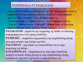 PANINIWALA AT KAUGALIAN 
Ang mga Mansaka ay gumagamit ng iba’t ibang katawagan sa 
pagbubuklod ng kanilang pamilya tulad ng : ama,Anakun 
para sa “niece/nephew”; ina,Arrayon para sa 
“parents/relatives”; Babo para sa “aunt”, Igagaw para sa 
“cousin”; Bana para sa “husband”; Kimod para sa bunsong 
anak; bayaw at hipag para sa “sister in law” 
PASAKAYOD : pagbisita ng magulang ng lalake sa babaeng 
mapapangasawa nito upang makilala. 
PAMUKU : magkikita ang pamilya ng magkabilang panig 
para pag-usapan ang halaga ng dote. 
PAGTAWAN : ang lalake ay maninilbihan na sa mga 
magulang ng babae. 
KASAMONGAN : magpapasya na ang mga magulang 
tungkol sa kasal. Kung payag na ang magkabilang panig , 
itatakda na ang araw ng kasal at paghahandaan ito. 
 