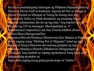 Isa ito sa pinakabagong lalawigan ng Pilipinas.Napapaligiran ng 
Davao at Davao Gulf sa kanluran, Agusan del Sur sa Hilaga at 
Davao Oriental sa Silangan at Timog.Sa buong taon ang 
Compostela Valley ay hindi dinadalaw ng anumang bagyo 
bagamat nakakaranas din ito ng tag-ulan. Ang kapital nito ay 
binubuo ng 235 na barangay. Munisipalidad ay 11 : 
Nabunturan,Compostela,Laak San Vicente,Mabini (Dona 
Alicia),Maco,Maragusan(San 
Mariano),Maivab,Monkayo,Montavista,New Bataan at Pantukan. 
Ito ay naging isang “Melting Pot of Migrants” tulad ng mga 
tagalog at bisaya.Mayroon din namang pangkat ng mga 
Mansaka,Mandaya,Manobo,Dibabawon.Manguangon at 
Talaingod. Ang lambak ay lupang agrikultural, kung kaya ang 
pangunahing produkto ay 
bigas,mais,saging,niyog,gulay,prutas,kape at “timber”. 
 