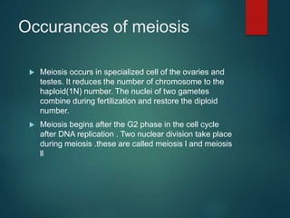 Occurances of meiosis
 Meiosis occurs in specialized cell of the ovaries and
testes. It reduces the number of chromosome to the
haploid(1N) number. The nuclei of two gametes
combine during fertilization and restore the diploid
number.
 Meiosis begins after the G2 phase in the cell cycle
after DNA replication . Two nuclear division take place
during meiosis .these are called meiosis l and meiosis
ll
 