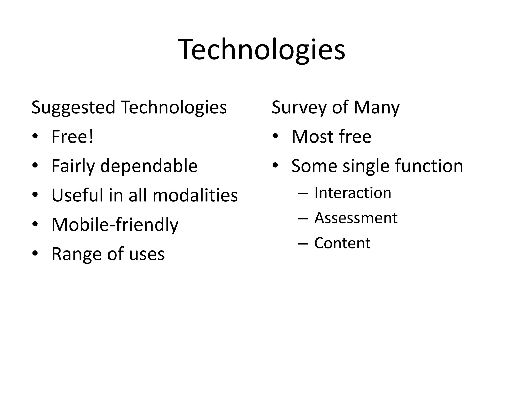 Technologies
Suggested Technologies
• Free!
• Fairly dependable
• Useful in all modalities
• Mobile-friendly
• Range of uses
Survey of Many
• Most free
• Some single function
– Interaction
– Assessment
– Content
 
