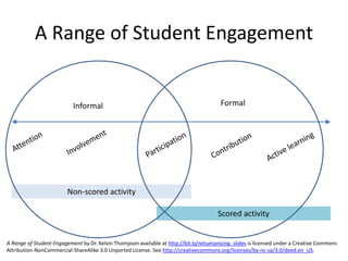 Non-scored activity
Scored activity
A Range of Student Engagement
Informal Formal
A Range of Student Engagement by Dr. Kelvin Thompson available at http://bit.ly/rehumanizing_slides is licensed under a Creative Commons
Attribution-NonCommercial-ShareAlike 3.0 Unported License. See http://creativecommons.org/licenses/by-nc-sa/3.0/deed.en_US.
 