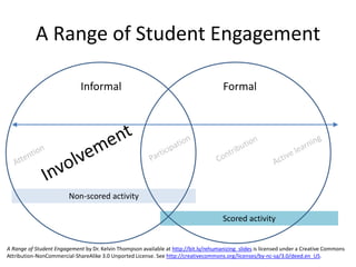 Non-scored activity
Scored activity
A Range of Student Engagement
Informal Formal
A Range of Student Engagement by Dr. Kelvin Thompson available at http://bit.ly/rehumanizing_slides is licensed under a Creative Commons
Attribution-NonCommercial-ShareAlike 3.0 Unported License. See http://creativecommons.org/licenses/by-nc-sa/3.0/deed.en_US.
 