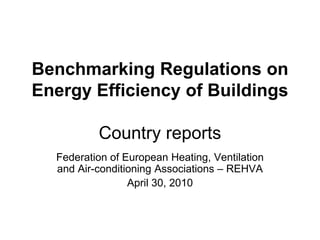 Benchmarking Regulations on
Energy Efficiency of Buildings
Country reports
Federation of European Heating, Ventilation
and Air-conditioning Associations – REHVA
April 30, 2010
 