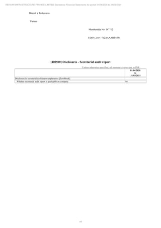 44
REHVAR INFRASTRUCTURE PRIVATE LIMITED Standalone Financial Statements for period 01/04/2020 to 31/03/2021
Dhaval V Peshavaria
Partner
Membership No. 147712
UDIN: 21147712AAAAHB1665
[400500] Disclosures - Secretarial audit report
Unless otherwise specified, all monetary values are in INR
01/04/2020
to
31/03/2021
Disclosure in secretarial audit report explanatory [TextBlock]
Whether secretarial audit report is applicable on company No
 