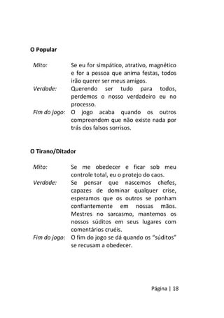 Página | 18
O Popular
Mito: Se eu for simpático, atrativo, magnético
e for a pessoa que anima festas, todos
irão querer ser meus amigos.
Verdade: Querendo ser tudo para todos,
perdemos o nosso verdadeiro eu no
processo.
Fim do jogo: O jogo acaba quando os outros
compreendem que não existe nada por
trás dos falsos sorrisos.
O Tirano/Ditador
Mito: Se me obedecer e ficar sob meu
controle total, eu o protejo do caos.
Verdade: Se pensar que nascemos chefes,
capazes de dominar qualquer crise,
esperamos que os outros se ponham
confiantemente em nossas mãos.
Mestres no sarcasmo, mantemos os
nossos súditos em seus lugares com
comentários cruéis.
Fim do jogo: O fim do jogo se dá quando os “súditos”
se recusam a obedecer.
 