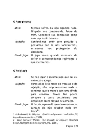 Página | 22
O Auto piedoso
Mito: Mereço sofrer. Eu não significo nada.
Ninguém me compreende. Pobre de
mim. Considero sua compaixão como
uma expressão de amor.
Verdade: Confundimos amor com piedade e
pensamos que se nos sacrificarmos,
estaremos nos protegendo do
abandono.
Fim do jogo: O jogo acaba quando cansamos de
sofrer e compreendemos realmente o
que merecemos.
O Rejeitado
Mito: Se não jogar o mesmo jogo que eu, eu
me recuso a jogar.
Verdade: Paralisados pelo medo do fracasso e da
rejeição, não empreendemos nada e
sentimos que o mundo tem uma dívida
para conosco. Temos tão pouca
coragem e tanto pessimismo que
desistimos antes mesmo de começar.
Fim do jogo: O fim do jogo se dá quando os outros se
cansam de não receber nada em
troca1,2
.
1 - John Powell, S.J. Why am I afraid to tell you who I am? (Allen, TX;
Argus Communications, 1969).
2 - Janet Geringer Woititz. The Struggle for Intimacy (Deerfield
Beach, FL; Health Communications, Inc., 1985).
 