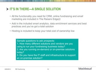 IT’S IN THERE—A SINGLE SOLUTION
       • All the functionality you need for CRM, online fundraising and email
         marketing are included in The Raisers Edge(i)
       • Add in the included smart analytics, data enrichment services and best
         practices and you’ve got a total solution
       • Hosting is included to keep your total cost of ownership low



              Sample questions to ask prospects:
              1. How many different solutions and vendors are you
              using to run your fundraising business today?
              2. Are you running on-demand or on-premise solutions
              today?
              3. Do you have the IT staff and infrastructure to support
              an on-premise solution?



8/28/2012   RE Positioning                 12
 