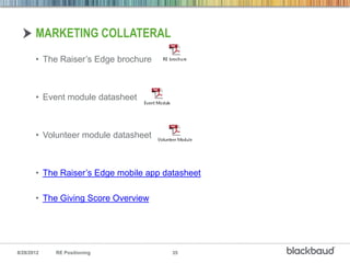 MARKETING COLLATERAL
       • The Raiser’s Edge brochure



       • Event module datasheet



       • Volunteer module datasheet



       • The Raiser’s Edge mobile app datasheet

       • The Giving Score Overview




8/28/2012   RE Positioning              35
 