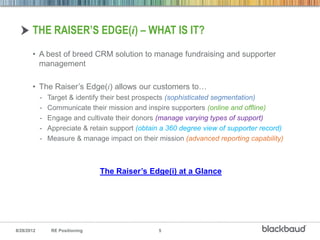 THE RAISER’S EDGE(i) – WHAT IS IT?
       • A best of breed CRM solution to manage fundraising and supporter
         management

       • The Raiser’s Edge(i) allows our customers to…
            -   Target & identify their best prospects (sophisticated segmentation)
            -   Communicate their mission and inspire supporters (online and offline)
            -   Engage and cultivate their donors (manage varying types of support)
            -   Appreciate & retain support (obtain a 360 degree view of supporter record)
            -   Measure & manage impact on their mission (advanced reporting capability)



                                  The Raiser’s Edge(i) at a Glance




8/28/2012        RE Positioning                   5
 