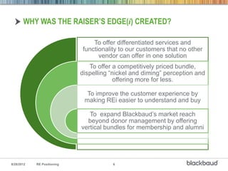 WHY WAS THE RAISER’S EDGE(i) CREATED?

                                 To offer differentiated services and
                             functionality to our customers that no other
                                   vendor can offer in one solution
                                To offer a competitively priced bundle,
                             dispelling “nickel and diming” perception and
                                         offering more for less.

                               To improve the customer experience by
                              making REi easier to understand and buy

                                To expand Blackbaud’s market reach
                               beyond donor management by offering
                             vertical bundles for membership and alumni




8/28/2012   RE Positioning              6
 