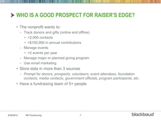 WHO IS A GOOD PROSPECT FOR RAISER’S EDGE?
       • The nonprofit wants to:
            - Track donors and gifts (online and offline)
              • >2,000 contacts
              • >$100,000 in annual contributions
            - Manage events
              • >2 events per year
            - Manage major or planned giving program
            - Use email marketing
       • Store data in more than 3 sources
            - Prompt for donors, prospects, volunteers, event attendees, foundation
              contacts, media contacts, government officials, program participants, etc.
       • Have a fundraising team of 5+ people




8/28/2012      RE Positioning                     7
 