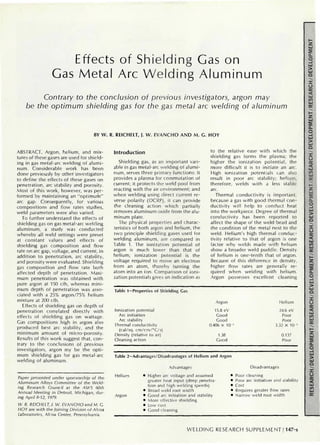 Effects of Shielding Gas on
Gas Metal Arc Welding Aluminum
Contrary to the conclusion of previous investigators, argon may
be the optimum shielding gas for the gas metal arc welding of aluminum
BY W . R. REICHELT, J. W . E V A N C H O A N D M . G. H O Y
ABSTRACT. A r g o n , h e l i u m , and mix-
tures of these gases are used for shield-
ing in gas metal-arc w e l d i n g of a l u m i -
n u m . Considerable w o r k has been
d o n e previously by other investigators
to define the effects of these gases on
penetration, arc stability and porosity.
Most of this w o r k , however, was per-
f o r m e d by maintaining an " o p t i m u m "
arc gap. Consequently, for various
compositions and flow rates studies,
w e l d parameters were also varied.
To further understand the effects of
shielding gas on gas metal-arc w e l d i n g
a l u m i n u m , a study was c o n d u c t e d
w h e r e b y all w e l d settings w e r e preset
at constant values and effects of
shielding gas c o m p o s i t i o n and f l o w
rate o n arc gap, voltage, and current, in
addition to penetration, arc stability,
and porosity w e r e evaluated. Shielding
gas c o m p o s i t i o n and f l o w rate b o t h
affected d e p t h of penetration. M a x i -
m u m penetration was o b t a i n e d w i t h
pure argon at 150 c f h , whereas m i n i -
m u m depth of penetration was asso-
ciated w i t h a 25% argon/75% h e l i u m
mixture at 200 cfh.
Effects of shielding gas on d e p t h of
penetration correlated directly w i t h
effects of shielding gas o n wattage.
Gas compositions high in argon also
p r o d u c e d best arc stability, a n d the
m i n i m u m a m o u n t of micro-porosity.
Results of this w o r k suggest that, c o n -
trary to the conclusions of previous
investigators, argon my be the o p t i -
m u m shielding gas for gas metal-arc
w e l d i n g of a l u m i n u m .
Paper presented under sponsorship of the
Aluminum Alloys Committee of the Weld-
ing Research Council at the AWS 60th
Annual Meeting in Detroit, Michigan, dur-
ing April 8-12, 1979.
W. R. REICHELT, J. W. EVANCHO and M. G.
HOY are with the Joining Division of Alcoa
Laboratories, Alcoa Center, Pennsylvania.
I n t r o d u c t i o n
Shielding gas, as an i m p o r t a n t vari-
able in gas metal-arc w e l d i n g of a l u m i -
n u m , serves three primary f u n c t i o n s : It
provides a plasma for c o m m u t a t i o n of
current; it protects the w e l d p o o l f r o m
reacting w i t h the air e n v i r o n m e n t ; and
w h e n w e l d i n g using direct current re-
verse polarity (DCRP), it can provide
the cleaning action w h i c h partially
removes a l u m i n u m oxide f r o m the alu-
m i n u m plate.
The physical properties and charac-
teristics of b o t h argon and h e l i u m , the
t w o principle shielding gases used for
w e l d i n g a l u m i n u m , are c o m p a r e d in
Table 1. The ionization potential of
argon is m u c h lower than that of
h e l i u m ; ionization potential is the
voltage required to m o v e an electron
f r o m an a t o m , thereby t u r n i n g the
a t o m into an ion. Comparison of i o n i -
zation potentials gives an indication as
to the relative ease w i t h w h i c h the
shielding gas forms the plasma; the
higher the ionization p o t e n t i a l , the
more difficult it is to initiate an arc.
High ionization potentials can also
result in poor arc stability; h e l i u m ,
therefore, welds w i t h a less stable
arc.
Thermal c o n d u c t i v i t y is i m p o r t a n t ,
because a gas w i t h g o o d thermal c o n -
ductivity will help to c o n d u c t heat
into the w o r k p i e c e . Degree of thermal
conductivity has been reported to
affect the shape of the w e l d bead and
the c o n d i t i o n of the metal next to the
w e l d . Helium's high thermal c o n d u c -
tivity relative to that of argon is one
factor w h y w e l d s m a d e w i t h h e l i u m
show a broader w e l d puddle. Density
of h e l i u m is o n e - t e n t h that of argon.
Because of this difference in density,
higher f l o w rates are generally re-
quired w h e n w e l d i n g w i t h h e l i u m .
Argon possesses excellent cleaning
Table 1—Properties of Shielding Gas
Ionization potential
Arc initiation
Arc stability
Thermal conductivity
(cal/sq. cm/cm/°C/s)
Density (relative to air)
Cleaning action
Argon
15.8 eV
Good
Good
0.406 x 10
1.38
Good
Helium
24.6 eV
Poor
Poor
3.32 X 10-
0.137
Poor
Table 2—Advantages/Disadvantages of Helium and Argon
Advantages
Helium • Higher arc voltage and assumed
greater heat input (deep penetra-
tion and high welding speeds)
• Broad weld root width
Argon • Good arc initiation and stability
• More effective shielding
• Low cost
• Good cleaning
Disadvantages
• Poor cleaning
• Poor arc initiation and stability
• Cost
• Requires greater flow rates
• Narrow weld root width
W E L D I N G R E S E A R C H S U P P L E M E N T I 147-s
 