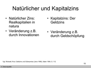 Natürlicher und Kapitalzins Natürlicher Zins: Realkapitalien in natura Veränderung z.B. durch Innovationen Kapitalzins: Der Geldzins Veränderung z.B. durch Geldschöpfung 4. Diskontpolitik Vgl. Wicksell, Knut: Geldzins und Güterpreise (Jena 1898), Aalen 1984, S. 112 