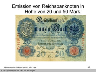 Emission von Reichsbanknoten in Höhe von 20 und 50 Mark Reichsbanknote 20 Mark, vom 10. März 1906   8. Die Liquiditätskrise von 1907 und ihre Folgen 