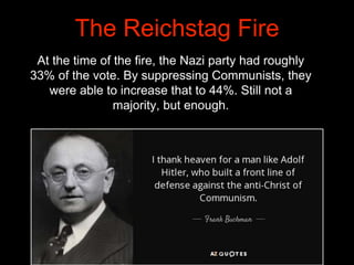 At the time of the fire, the Nazi party had roughly
33% of the vote. By suppressing Communists, they
were able to increase...