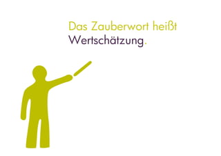 Wertschätzung
     Eine gelungene Präsen-
     tation ist wertschätzend
     gegenüber dem Thema,
     den Teilnehmern und mir
     selbst als Redner.

     Diese Achtung zeige ich
     auf allen drei Ebenen der
     Vortrags.
 