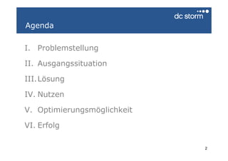 Agenda

I. Problemstellung

II. Ausgangssituation

III.Lösung

IV. Nutzen

V. Optimierungsmöglichkeit

VI. Erfolg

                             2
 
