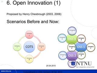 20
     6. Open Innovation (1)
     Proposed by Henry Chesbrough (2003, 2006)

     Scenarios Before and Now:




                                           20.04.2010


                 X-discipllnarity in OSS; GoOpen, 20 Apr. 2010
 