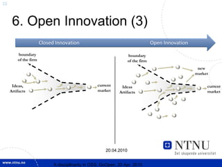 22



      6. Open Innovation (3)
                       Closed Innovation                                          Open Innovation

         boundary                                                   boundary
         of the firm                                                of the firm
                                                                                                     new
                                                                                                    market

      Ideas,                                       current     Ideas                                     current
     Artifacts                                     market     Artifacts                                  market




                                                       20.04.2010


                             X-discipllnarity in OSS; GoOpen, 20 Apr. 2010
 