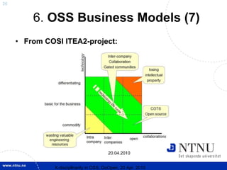 26


         6. OSS Business Models (7)
     • From COSI ITEA2-project:




                                         20.04.2010


               X-discipllnarity in OSS; GoOpen, 20 Apr. 2010
 