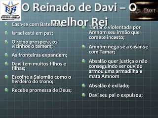 O Reinado de Davi – O
                melhorTamar é violentada por
Casa-se com Bateseba;  Rei
Israel está em paz;        Amnom seu irmão que
                           comete incesto;
O reino prospera, os
vizinhos o temem;          Amnom nega-se a casar-se
                           com Tamar;
As fronteiras expandem;
                           Absalão quer justiça e não
Davi tem muitos filhos e   conseguindo ser ouvido
filhas;
                           armou uma armadilha e
Escolhe a Salomão como o   mata Amnom
herdeiro do trono;
                           Absalão é exilado;
Recebe promessa de Deus;
                           Davi seu pai o expulsou;
 