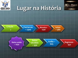 Lugar na História

Criação -             Patriarcas         Mosaico -              Juízes
    ?                  – 2300             1446                  – 1380




                               Reino
        Reino unido                                  Exílio –            Regresso -
                              dividido
           – 1050                                     605                   432
                               – 930
 