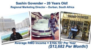 Sashin Govender – 20 Years Old!
Regional Marketing Director – Durban, South Africa
Average RMD Income = $164,187 Per Year
($13,682 Per Month!)
 