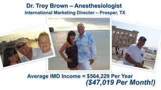 Dr. Troy Brown – Anesthesiologist
International Marketing Director – Prosper, TX
Average IMD Income = $564,229 Per Year
($47,019 Per Month!)
 