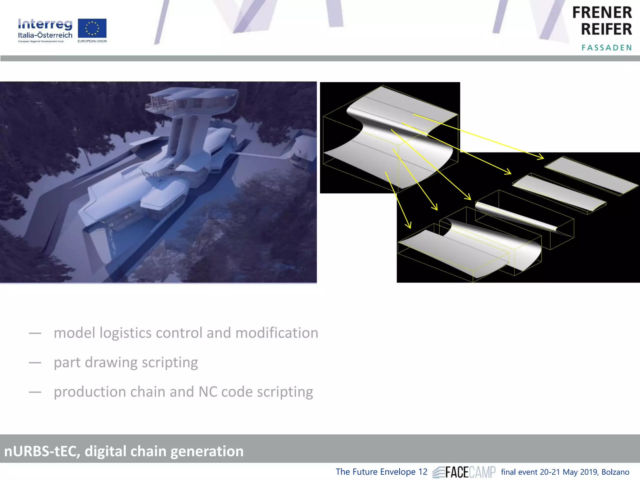 The Future Envelope 12 final event 20-21 May 2019, Bolzano
― model logistics control and modification
― part drawing scripting
― production chain and NC code scripting
nURBS-tEC, digital chain generation
 