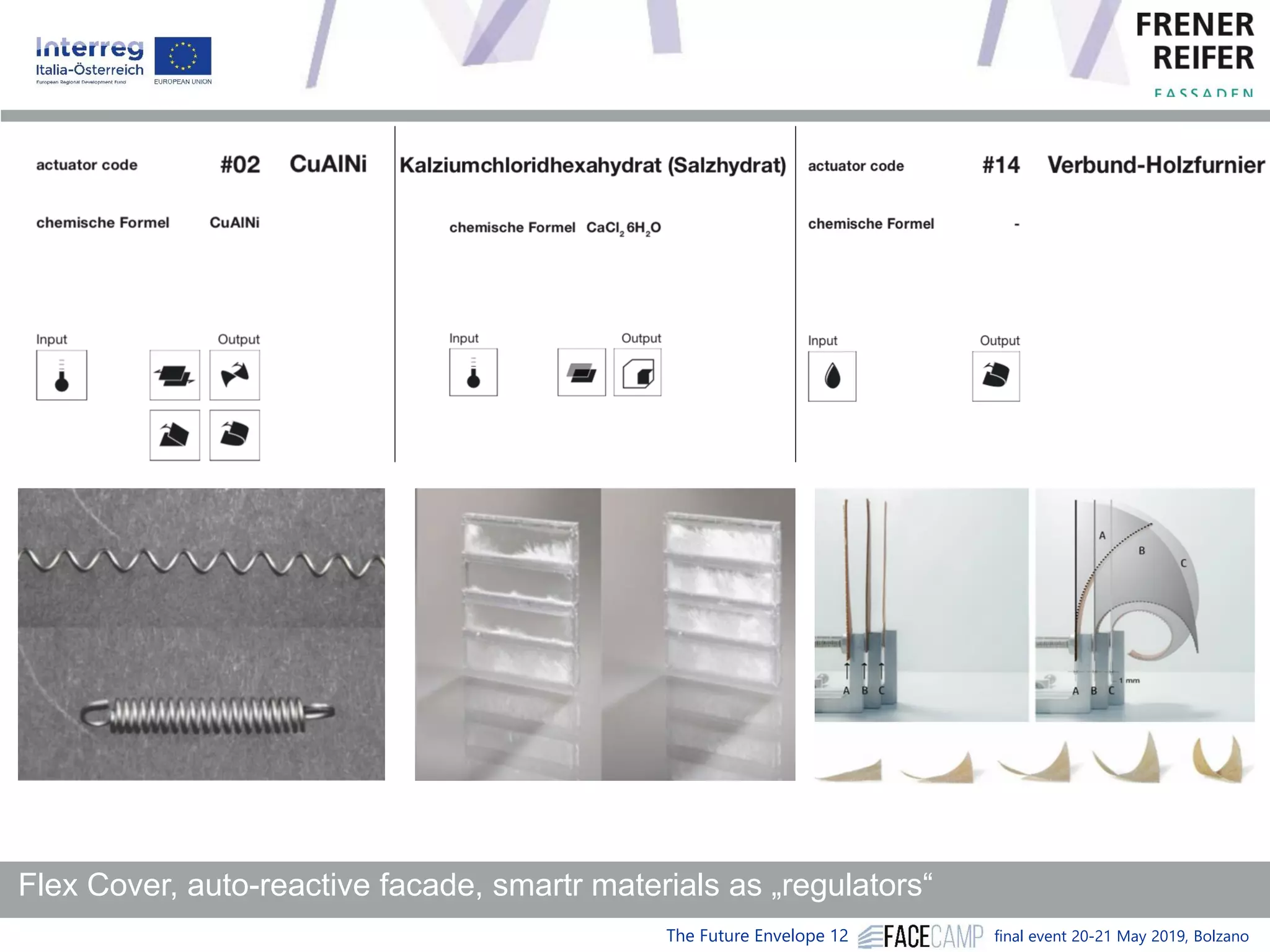 The Future Envelope 12 final event 20-21 May 2019, Bolzano
Flex Cover, auto-reactive facade, smartr materials as „regulators“
 