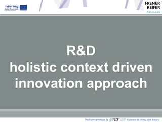 The Future Envelope 12 final event 20-21 May 2019, Bolzano
Building Envelopes
Context driven
R&D Aproach
R&D
holistic cont...
