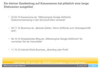 Ein kleiner Gastbeitrag auf Kassenzone hat plötzlich eine lange
Diskussion ausgelöst
Seite 330. Januar 2015Millionengrab Google AdWords?
• 22.09.10 Kassenzone.de; “Millionengrab Google AdWords:
Geldverschwendung in den Durchschnitten versteckt“
• 28.11.10 iBusiness.de; „Blutrote Zahlen: Wenn AdWords zum Verlustgeschäft
wird“.
• 06.10.10 Shopbetreiber-Blog.de; „Millionengrab Google AdWords? So
vermeiden Sie die Verlustfalle“
• 11.10.10 Internet World Business; „Branding oder Profit“
Kernfrage: Wie kann man SEM/SEA-Kampagnen richtig bewerten?
 