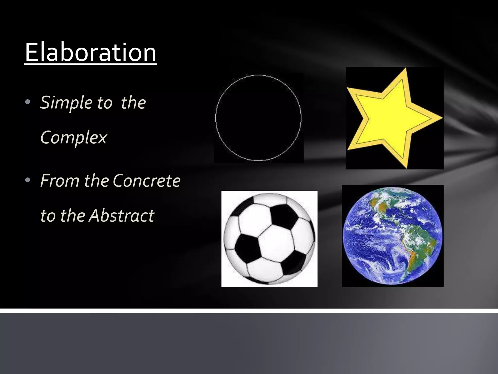 Elaboration
• Simple to the
 Complex

• From the Concrete
 to the Abstract
 