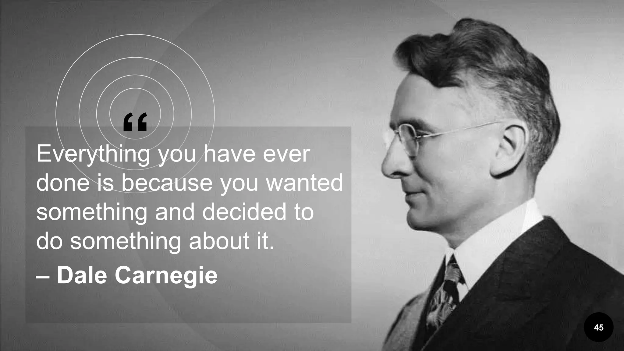 &ldquo;Everything you have ever
done is because you wanted
something and decided to
do something about it.
&ndash; Dale Carnegie
45
 