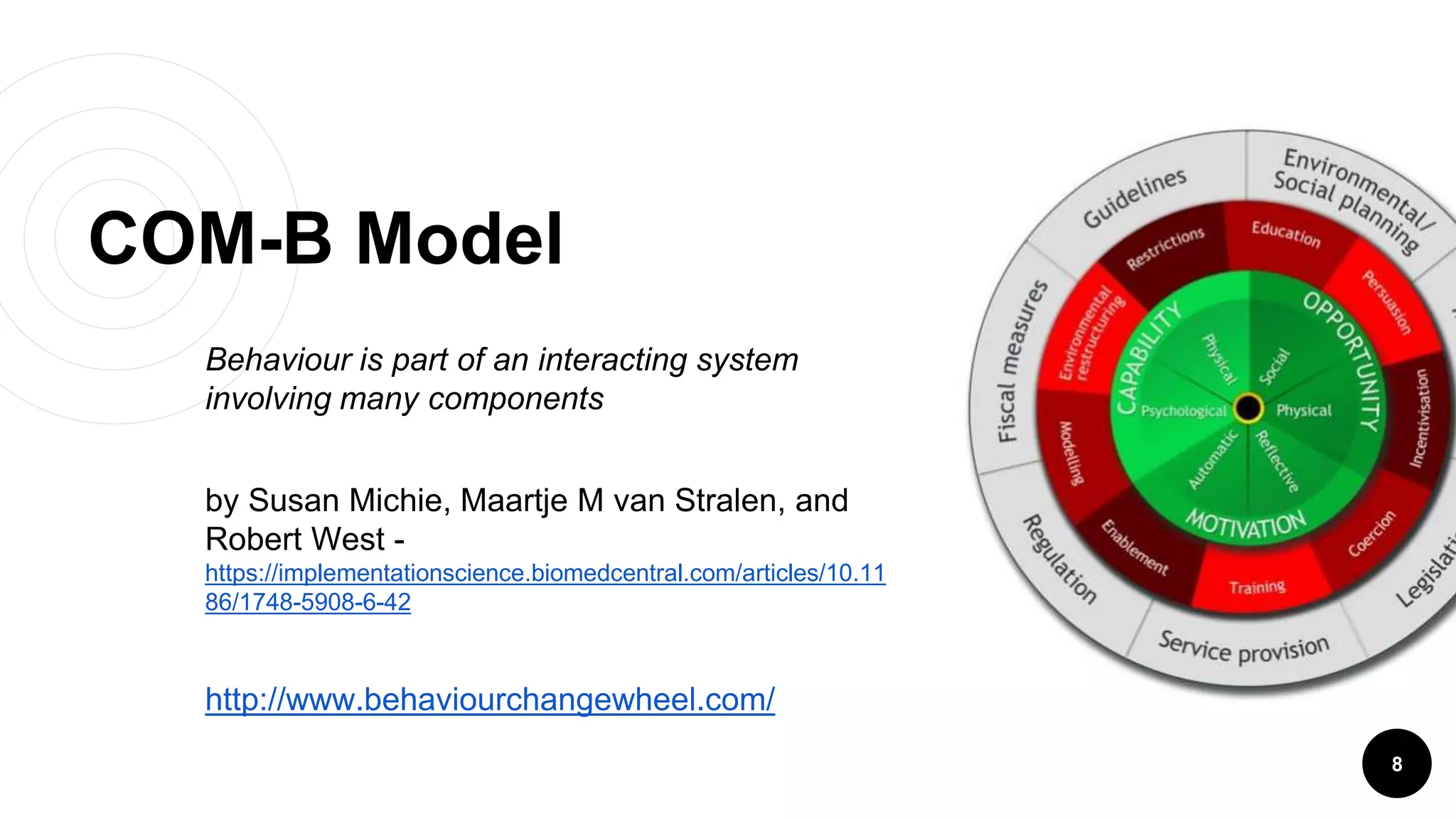 COM-B Model
Behaviour is part of an interacting system
involving many components
by Susan Michie, Maartje M van Stralen, and
Robert West -
https://implementationscience.biomedcentral.com/articles/10.11
86/1748-5908-6-42
http://www.behaviourchangewheel.com/
8
Policies
 