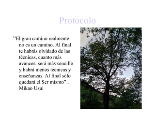 Protocolo
“El gran camino realmente
no es un camino. Al final
te habrás olvidado de las
técnicas, cuanto más
avances, será más sencillo
y habrá menos técnicas y
enseñanzas. Al final sólo
quedará el Ser mismo” .
Mikao Usui
 