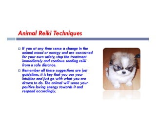 Animal Reiki Techniques
 If you at any time sense a change in the
animal mood or energy and are concerned
for your own safety, stop the treatment
immediately and continue sending reiki
immediately and continue sending reiki
from a safe distance.
 Remember all these suggestions are just
guidelines, it is key that you use your
intuition and just go with what you are
drawn to do. The animal will sense your
positive loving energy towards it and
respond accordingly.
 