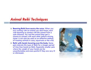 Animal Reiki Techniques
 Beaming Reiki from across the room: When you
are working with an animal you don’t know, start
with beaming to connect with the animal from a
safe distance. You and the animal then get a
safe distance. You and the animal then get a
chance to connect with each other before moving
closer. It can also be used as an effective method
of treating animals in zoos, aquariums or the wild.
 Reiki with hands hovering over the body: Some
pets tolerate this type of Reiki for a longer period
of time than hands-on Reiki. Especially smaller pets
where the weight of your hands can be
uncomfortable, and even painful if they are very ill
or distressed.
 