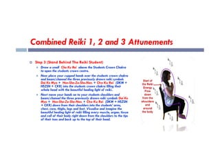 Combined Reiki 1, 2 and 3 Attunements
 Step 3 (Stand Behind The Reiki Student)
 Draw a small Cho Ku Rei above the Students Crown Chakra
to open the students crown centre.
 Now place your cupped hands over the students crown chakra
and beam/channel the three previously drawn reiki symbols
and beam/channel the three previously drawn reiki symbols
Dai Ko Myo + Hon-Sha-Ze-Sho-Nen. + Cho Ku Rei (DKM +
HSZSN + CKR) into the students crown chakra filling their
whole head with the beautiful healing light of reiki..
 Next move your hands on to your students shoulders and
beam/channel the three previously drawn reiki symbols Dai Ko
Myo + Hon-Sha-Ze-Sho-Nen. + Cho Ku Rei (DKM + HSZSN
+ CKR) down from their shoulders into the students’ arms,
chest, core, thighs, legs and feet. Visualise and imagine the
beautiful healing light of reiki filling every muscle, organ, tissue
and cell of their body right down from the shoulders to the tips
of their toes and back up to the top of their head.
 
