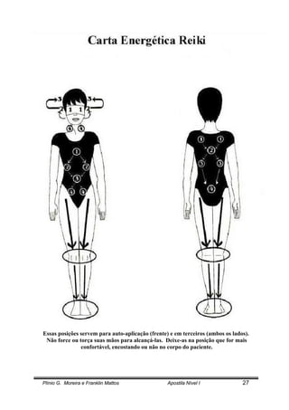 Plínio G. Moreira e Franklin Mattos Apostila Nível I 27
Essas posições servem para auto-aplicação (frente) e em terceiros (ambos os lados).
Não force ou torça suas mãos para alcançá-las. Deixe-as na posição que for mais
confortável, encostando ou não no corpo do paciente.
 