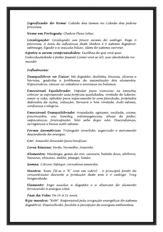 Significado do Nome: Cidade das Gemas ou Cidade das pedras
preciosas.
Nome em Português: Chakra Plexo Solar.
Localização: Localizado um pouco acima do umbigo. Rege o
pâncreas. A área de influência deste chakra é o sistema digestivo:
estômago, fígado e a vesícula biliar, além do sistema nervoso.
Aspetos a serem compreendidos: Escolhas do que você quer.
Individualidade e poder pessoal (como você se vê), sua identidade no
mundo
Influências:
Desequilíbrio no Físico: Má digestão, diabetes, toxinas, úlceras e
hérnias, gastrites e problemas de assimilação dos alimentos.
Hipocondria, câncer no intestino e anorexia ou bulimia.
Emocional Equilibrado: Impulso para vivenciar as emoções,
colocar-se expressando suas próprias qualidades, vontade de liderar,
amor a vida, aptidão para experimentá-lo com plenitude, propósitos
definidos de ações, intuição, ternura e boa vontade. Auto-estima,
confiança e alegria.
Emocional Desequilibrado: Ansiedade, egoísmo, vaidade, ciúme,
preconceitos, ira, timidez, intransigências, abuso de poder,
impaciência, preocupação. Não sabe dizer não. Desconfiança,
arrogância e baixa auto-estima.
Forma Geométrica: Triângulo invertido, sugerindo o movimento
descendente da energia.
Cor: Amarelo dourado para tonificar.
Cores Básicas: Verde, Vermelho, Amarelo.
Alimentos: Manteiga, gema do ovo, cenoura, batata doce, abóbora,
banana, abacaxi, melão, pêssego, limão.
Gemas: Citrino, topázio, cornalina amarela.
Mantra: Ram (lê-se o "R" com em vidro) - o principal ponto de
concentração durante a produção deste som é o umbigo. Traz
longevidade.
Elemento: Fogo auxilia a digestão e a absorção do alimento
fornecendo a energia vital.
Fase da Vida: De 14 à 21 anos.
Bija-mantra: "RAM". Responsável pela irrigação energética do sistema
digestório. Desenvolvido, facilita a percepção de energias ambientais.
 