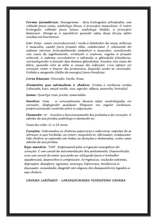 Forma Geométrica: Hexagrama - dois triângulos sobrepostos, um
voltado para cima, simboliza Shiva, o princípio masculino. O outro
triângulo, voltado para baixo, simboliza Shakti, o princípio
feminino. Atinge-se o equilíbrio quando estas duas forças estão
unidas em harmonia.
Cor: Rosa - amor incondicional / verde é dilatador de veias, artérias
e músculos, usado para pressão alta, cateterismo. É relaxante do
sistema nervoso, principalmente simpático e muscular, auxiliando
nos casos de esgotamento, irritação e insônia; regula a pressão
arterial, o sistema circulatório e estimula a glândula pituitária,
normalizando a função das demais glândulas. Auxilia nos casos de
febre, quando não se sabe a causa da infecção. Cria espaço no
coração como o frescor da primavera, fazendo sentir-se renovado.
Violeta e magenta (falta de energia) para tonificar.
Cores Básicas: Dourado, Verde, Rosa.
Alimentos que estimulam o chakra: Frutas e verduras verdes
(abacate, kiwi, maçã verde, uva, agrião, alface, escarola, brócolis).
Gema: Quartzo rosa, pirita, esmeralda.
Mantra: Yam - a concentração deverá estar centralizada no
coração, desfazendo qualquer bloqueio na região cardíaca,
proporcionando controle sobre a respiração.
Elemento: Ar - Auxilia o funcionamento dos pulmões e do coração. A
estrela de seis pontas simboliza o elemento ar.
Fases da vida: 21 a 28 anos.
Funções: Intermedia os chakras superiores e inferiores; impulso de se
abraçar a sua Verdade, ao Amor; reequilíbrio; altruísmo; compaixão.
Este chakra se expande em todas as direções e dimensões, como uma
estrela de seis pontas.
Bija-mantra: "YAM". Responsável pela irrigação energética do
coração. É um canal de movimentação dos sentimentos. Desenvolvido,
cria um canal de amor que pode ser utilizado para o trabalho
assistencial, desenvolve a compaixão. Arrogância, vaidade extrema,
depressão, desespero, egoísmo, avareza, hipocrisia, tendência à
discussão, ansiedade, desgosto são alguns dos desequilíbrios ligados a
esse chakra.
CHAKRA LARÍNGEO - LARINGOCHAKRA VISHUDDHA CHAKRA
 